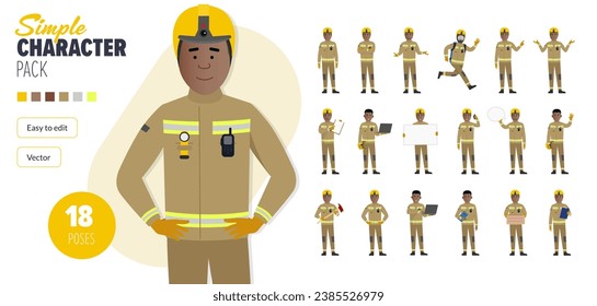 Simple flat black male firefighter vector character in a set of multiple poses. Easy to edit and isolated on a white background. Modern trendy style character mega pack with lots of poses.	