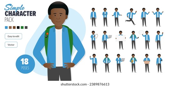 Sencillo personaje de vector estudiantil masculino negro y plano en un conjunto de poses múltiples. Fácil de editar y aislado en un fondo blanco. Mega pack de personajes de estilo moderno y moderno con muchas poses.