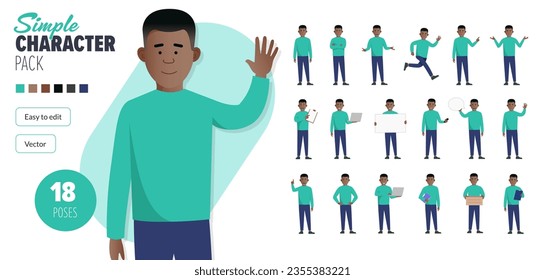 Carácter simple de vector macho negro plano en un conjunto de poses múltiples. Fácil de editar y aislado en un fondo blanco. Mega pack de personajes de estilo moderno y moderno con montones de poses. 