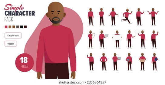 Simple flat black male vector character in a set of multiple poses. Easy to edit and isolated on a white background. Modern trendy style character mega pack with lots of poses. 