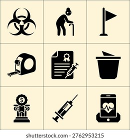 Simple flat black medical icons including biohazard sign and smartphone heart monitor on pale yellow background