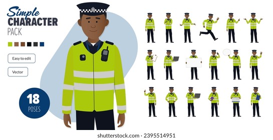 Simple flat black police man officer vector character in a set of multiple poses. Easy to edit and isolated on a white background. Modern trendy style character mega pack with lots of poses.