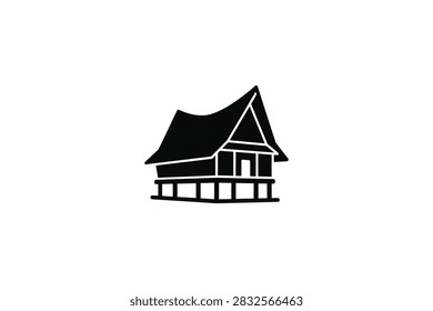 A simple flat black silhouette vector illustration of a traditional stilt house or vernacular architecture isolated on a white background.