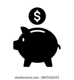 A simple flat black vector icon representing a piggy bank with a dollar sign coin representing savings and financial investment