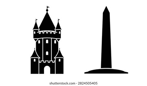 Simple flat black vector icons of a fortified castle with turrets and a standalone obelisk structure on a white background