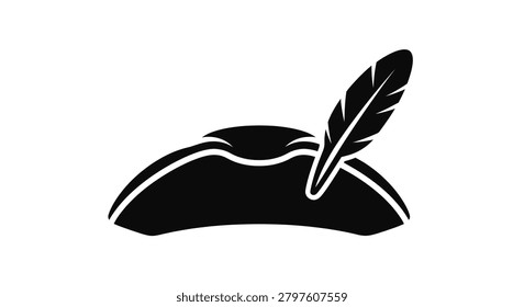 Simple flat black vector illustration of a traditional colonial era tricorn hat decorated with a single feather isolated on white background