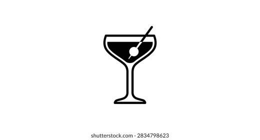 A simple flat black vector illustration of a martini glass containing a drink and a toothpick with a cherry isolated on a white background