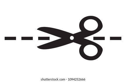 Simple Flat Black Vector Scissors Icon, Cut Here Line Symbol