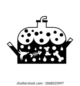 Einfach flaches, schwarz-weißes Biodigester-Vektorsymbol. Schalttank mit organischen Abfällen (Bananenschale, Apfelkern, Fischskelett, Knochen), Wasser- und Gasblasen