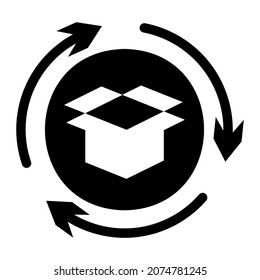 Simple flat black and white cardboard recycling icon. Vector symbol of a cardboard box surrounded by round arrows