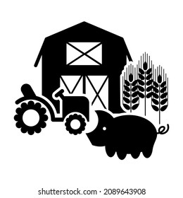 Simple flat black and white farming icon. Vector silhouettes of tractor, pig, wheat and barn