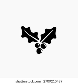 Uma ilustração simples, plana preto e branco de folhas de Natal tradicionais holly e três bagas. Arte vetorial minimalista adequada para ícones ou design de padrões.