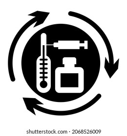 Simple flat black and white medical waste recycling icon. Vector circle symbol with arrows around syringe, thermometer and medicine vial