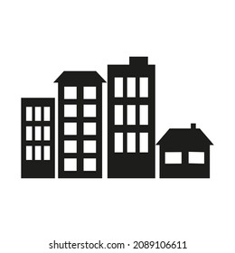 Simple flat black and white silhouette of city skyline. Vector icon with multi-storey buildings