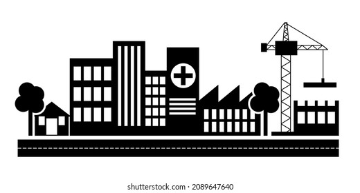 Simple Flat Black And White Silhouette Of A Modern City. Vector Illustration Of A Town Street With Trees, High-rise Buildings, Hospital, Construction Site And Road