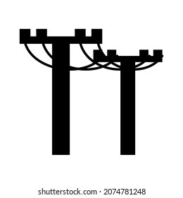 Sencillo símbolo blanco y negro plano de los postes eléctricos con cables. Icono de vector de electricidad
