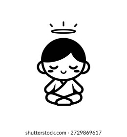 Arte vetorial simples plana em preto e branco de desenho animado bonito chibi boy icon com olhos fechados, pequeno sorriso, halo acima da cabeça, sentado