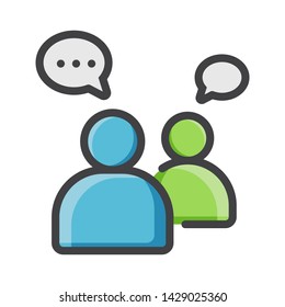simple flat blue green filled color outine icon of Group of two people are talking or meeting or conversation, social community concept with chat bubble for app, web and business using  - vector illus