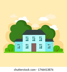 Simple  flat blue house with green trees on yellow background. Vector Illustration of cityscape.Cottage, modern architecture. Idea of real estate.