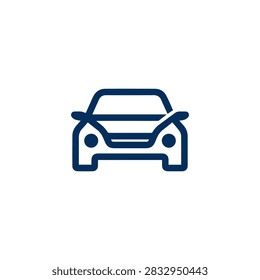 A simple flat blue outline icon of a passenger car viewed from the front isolated on a white background representing automotive concepts and travel.