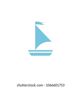 Simple flat boat with sail. Marine icon isolated on white. Blue color. Vector nautical illustration.  Voyage or cruise sign