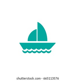 Simple flat boat with sail on waves. Icon isolated on white. Blue color. Vector illustration. 