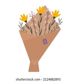 Simple ilustración botánica plana en colores de moda. Elegante ramo primaveral. Composición florística para la tarjeta de saludo, 8 de marzo de decoración, Pascua, regalos de boda y invitación.