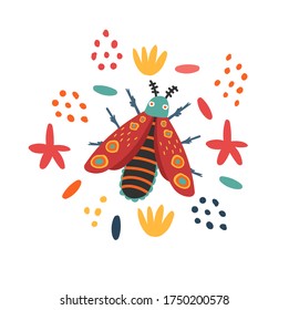 Simple flat bright bug illustration. Cartoon vector doodle illustration in modern flat style.Hand draw withe abstract organic shapes dodles Scandinavian nordic design style.