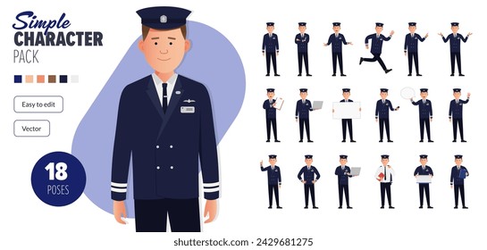 Simple flat British airline pilot vector character, in a set of multiple poses. Easy to edit and isolated on a white background. Modern trendy style character mega pack with lots of poses.