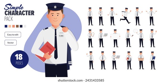 Simple flat British airline pilot vector character, in a set of multiple poses. Easy to edit and isolated on a white background. Modern trendy style character mega pack with lots of poses.