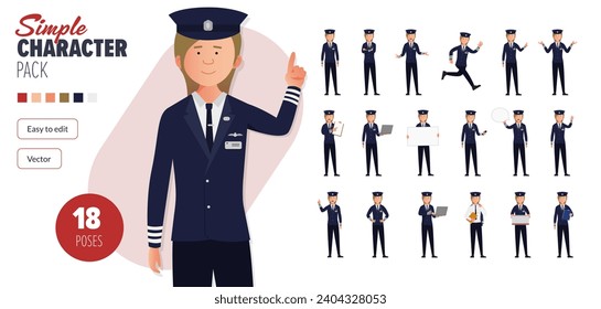 Simple flat British female airline pilot vector character, in a set of multiple poses. Easy to edit and isolated on a white background. Modern trendy style character mega pack with lots of poses.