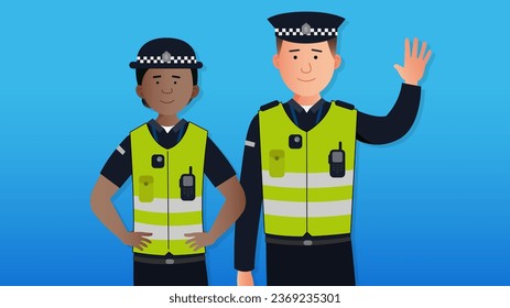 Simple flat British police officers vector characters concept. Friendly policeman and policewoman from United Kingdom, smiling and waving. Easy to edit flat modern trendy style.