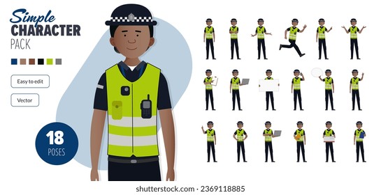 Simple flat British police woman officer vector character in a set of multiple poses. Easy to edit and isolated on a white background. Modern trendy style character mega pack with lots of poses.