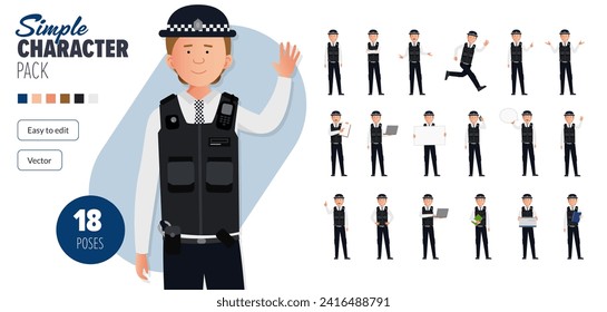 Simple flat British police woman officer vector character in a set of multiple poses. Easy to edit and isolated on a white background. Modern trendy style character mega pack with lots of poses.