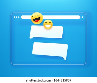 Simple flat browser window with chat bubbles template. 3d comic style editable vector illustration 