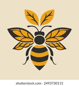 Simple flat bumblebee with two leaves. Vector graphic design on a cream background