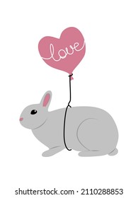 A simple flat bunny with a heart-shaped balloon tied to it. Postcard to the day of St. Valentine. Vector