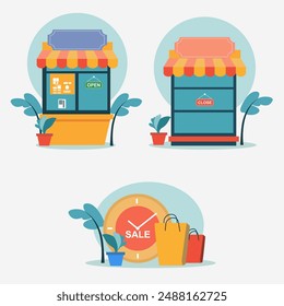 Simple flat business store stall icon set