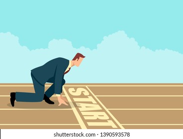 Simple flat business vector of a businessman ready to sprint on starting line. Starting career, business concept