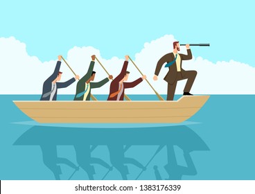 Simple flat business vector illustration of businessmen rowing the boat, teamwork, success, leadership in business concept