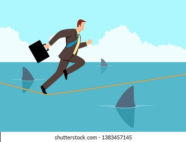 Simple flat business vector illustration of a businessman running on rope with sharks underneath. Concept for take risk, courage, opportunity in business