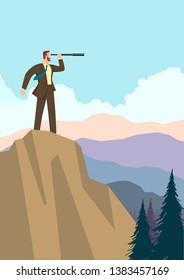 Simple flat business vector illustration of businessman using telescope on top of the mountain