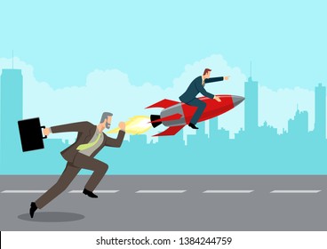 Simple flat business vector illustration of a running businessman racing with a businessman on rocket