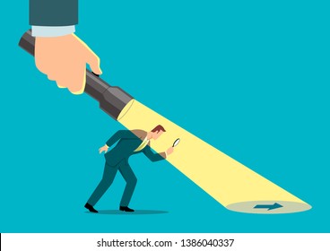 Simple flat business vector illustration of a businessman being guided by a hand holding a flashlight uncovering arrow sign.