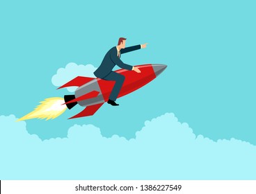 Simple flat business vector illustration of a businessman on a rocket