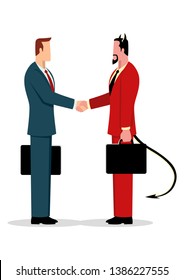 Simple flat business vector illustration of a businessman making a deal with the devil