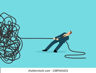 Simple flat business vector illustration of a businessman trying to unravel tangled rope or cable