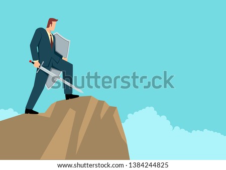 Simple flat business vector illustration of an optimistic businessman holding a sword and shield standing on top of a mountain,  preparation, protection, precaution in business concept
