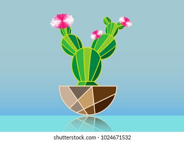 Simple flat cactus vector icon. Green cactacea with pink flowers pictogram isolated on blue background
