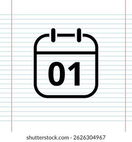 Simple flat calendar icon isolated on a background that simulates a notebook sheet, calendar icon with a specific day, day 01.